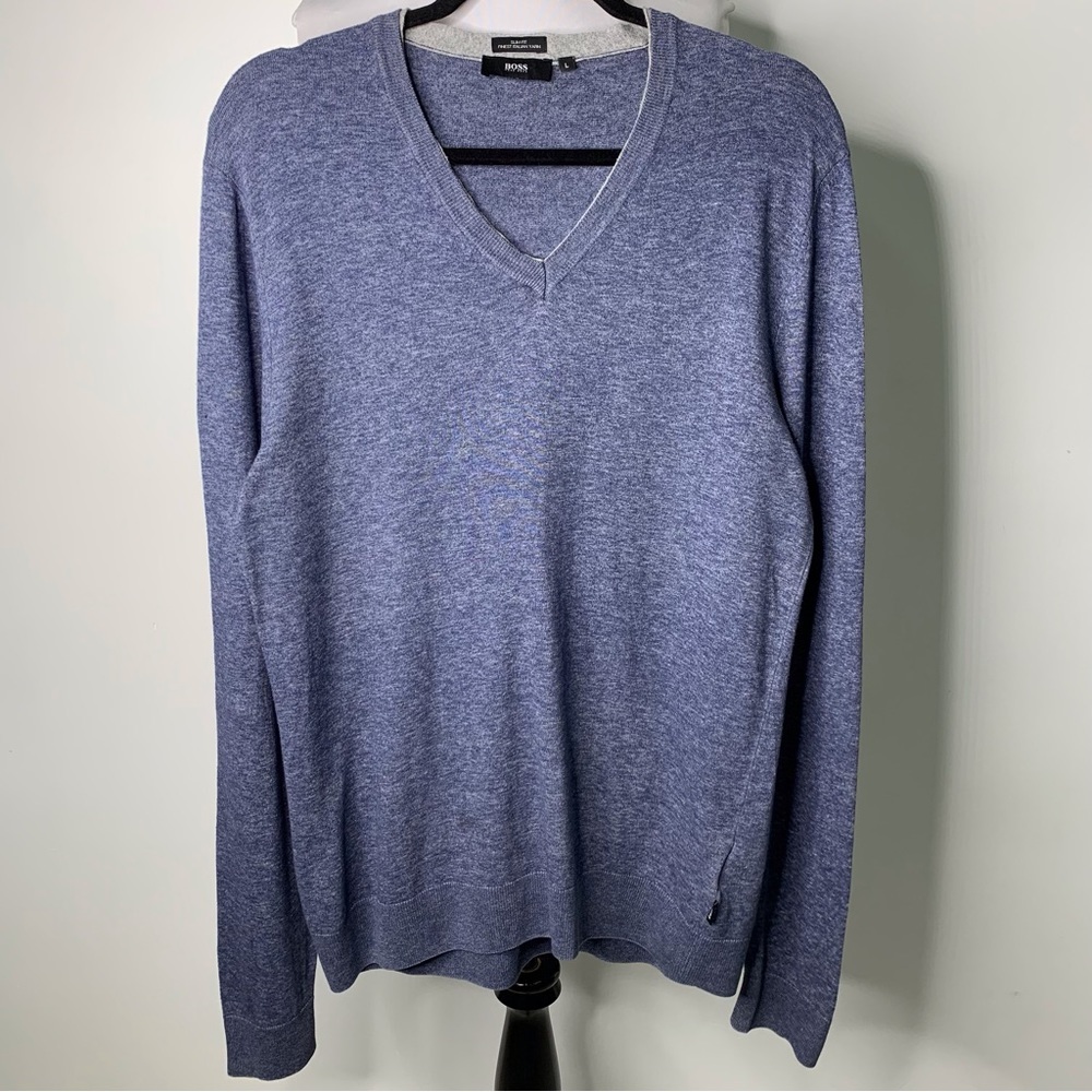 Boss Hugo Boss Men's Blue Long Sleeve Cotton V-Neck Sweater Size Large